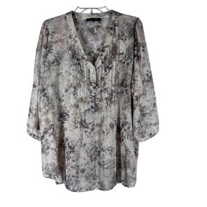 Rose & Olive Tunic Top Womens Large Neutral Floral Pintuck Sheer Blouse Beachy